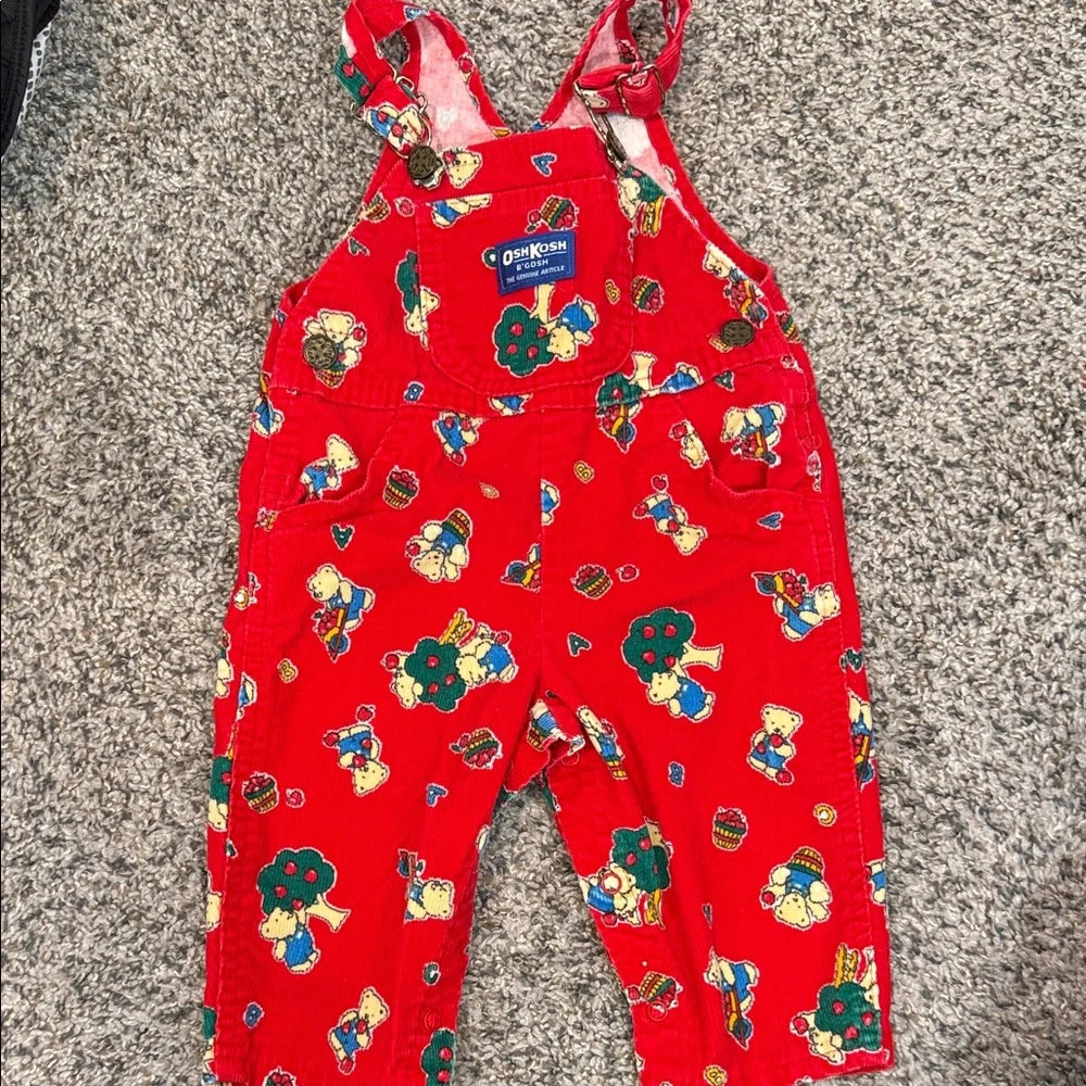 Vintage OSHKOSH Vestbak Corduroy Overalls 12 Mos Red USA bears/trees Snap Crotch